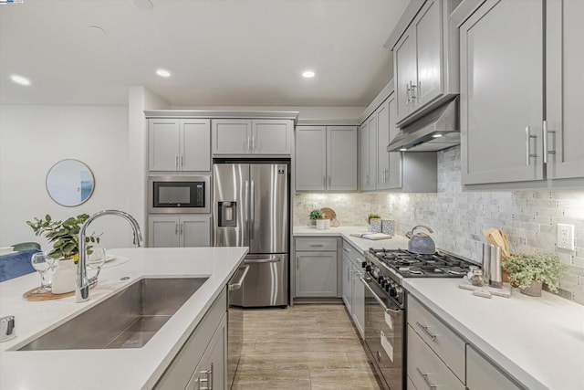 kitchen featuring sink, gray cabinetry, and stainless steel appliances