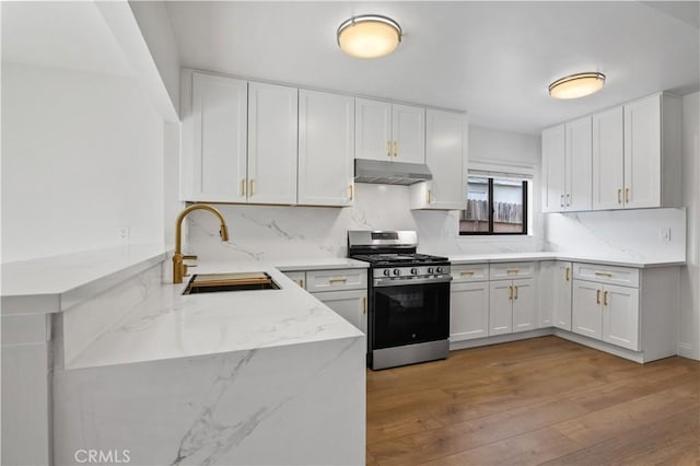 kitchen featuring white cabinetry, light hardwood / wood-style floors, gas stove, light stone counters, and sink