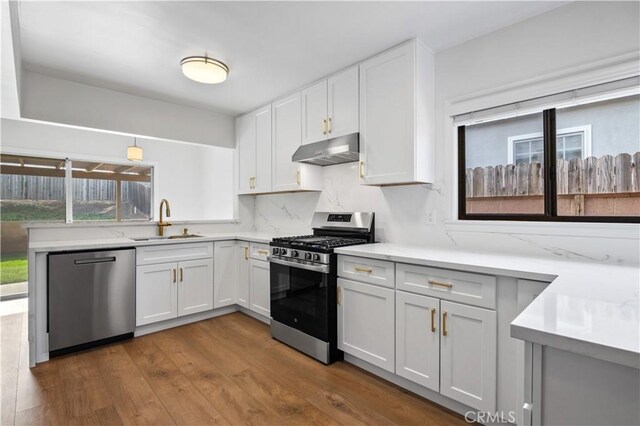 kitchen with appliances with stainless steel finishes, decorative backsplash, dark hardwood / wood-style flooring, white cabinets, and sink