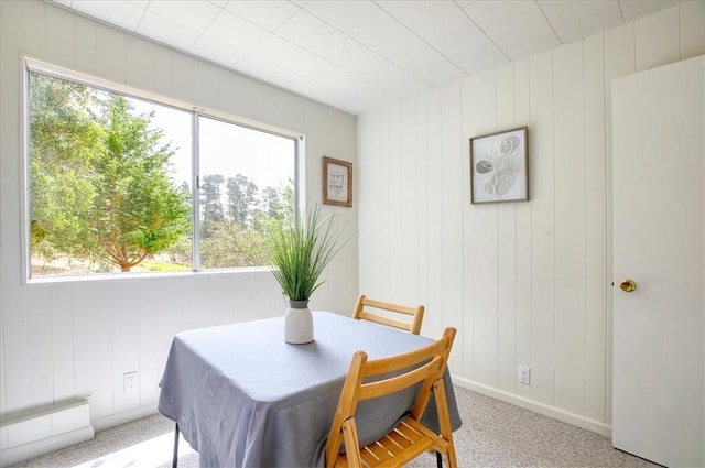 carpeted dining area with wooden walls