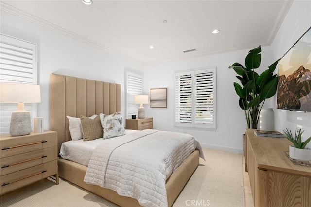 carpeted bedroom featuring ornamental molding