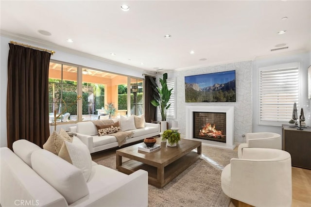 living room with crown molding