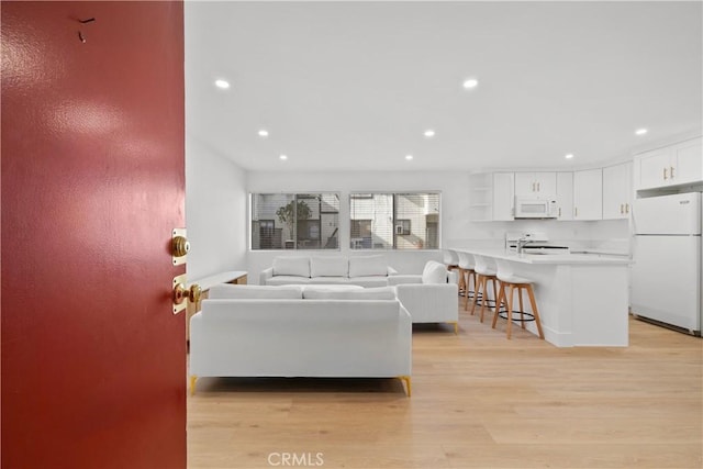 living room featuring light hardwood / wood-style floors and sink