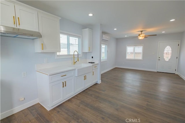 kitchen featuring an AC wall unit, dark wood-type flooring, white cabinetry, sink, and ceiling fan