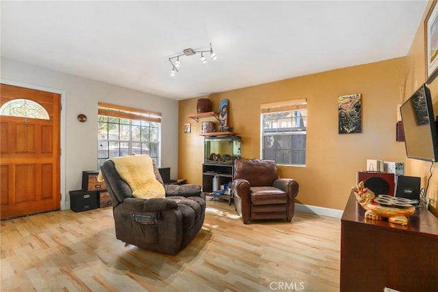 sitting room with light hardwood / wood-style floors and rail lighting