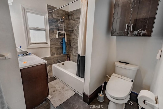 full bathroom featuring toilet, vanity, shower / bath combo, and tile patterned flooring