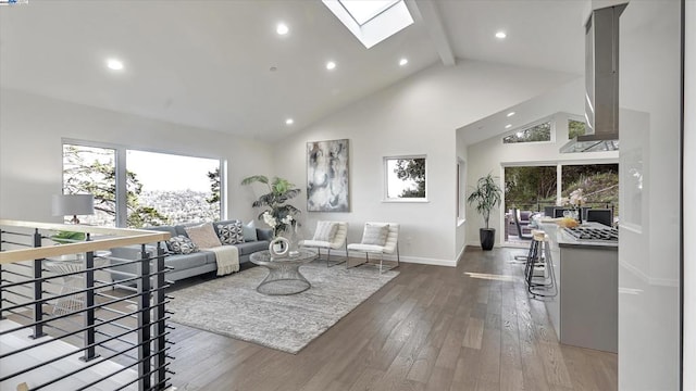 living room with high vaulted ceiling, beam ceiling, wood-type flooring, and a skylight