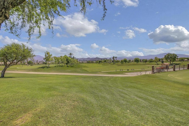 view of community featuring a mountain view and a yard