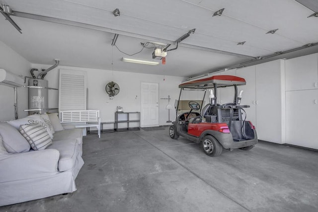 garage with water heater and a garage door opener