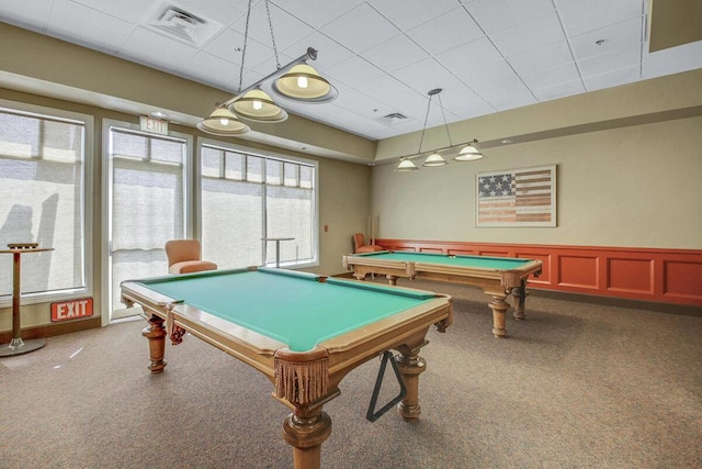 game room featuring carpet floors, a drop ceiling, and billiards