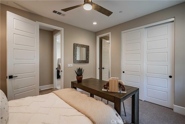 bedroom featuring a closet, carpet, and ceiling fan