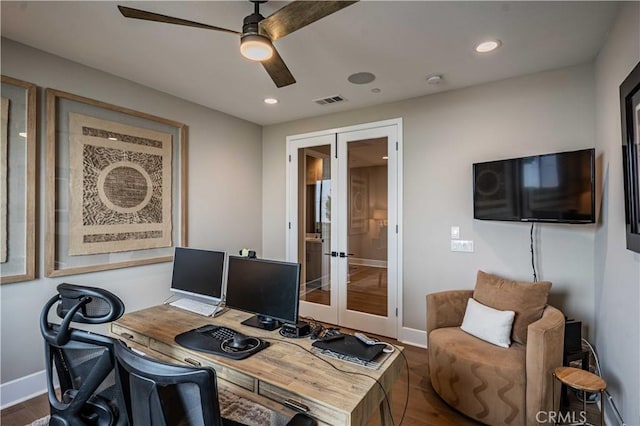 office with ceiling fan, wood-type flooring, and french doors