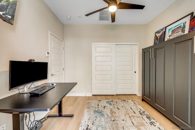 office featuring ceiling fan and light wood-type flooring