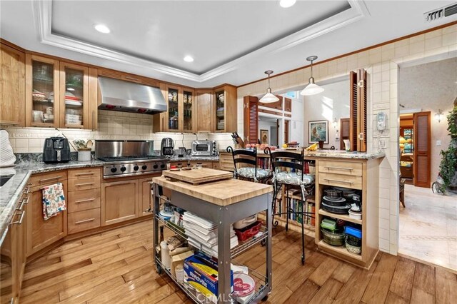 kitchen with a raised ceiling, exhaust hood, light stone countertops, and pendant lighting