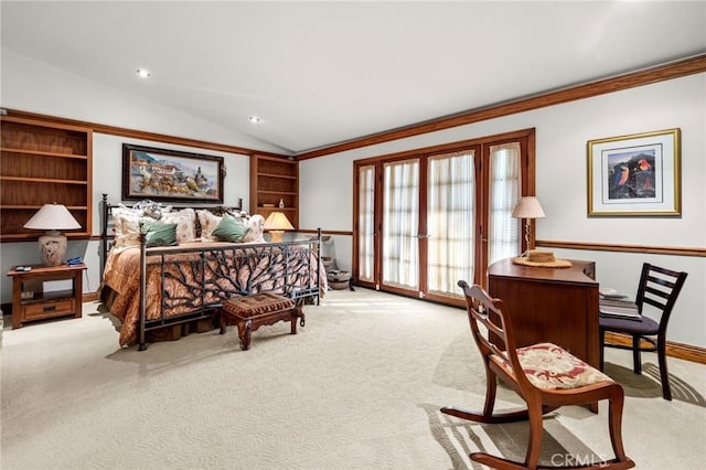 carpeted bedroom featuring vaulted ceiling and ornamental molding