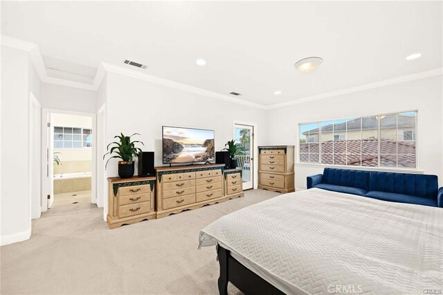 carpeted bedroom featuring connected bathroom and crown molding