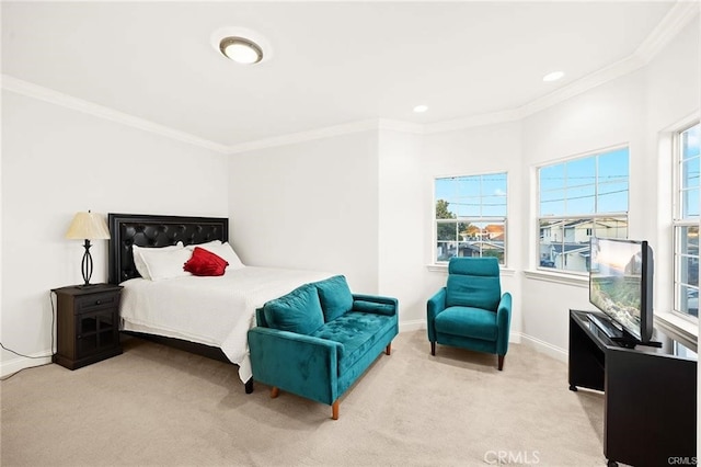 carpeted bedroom featuring crown molding