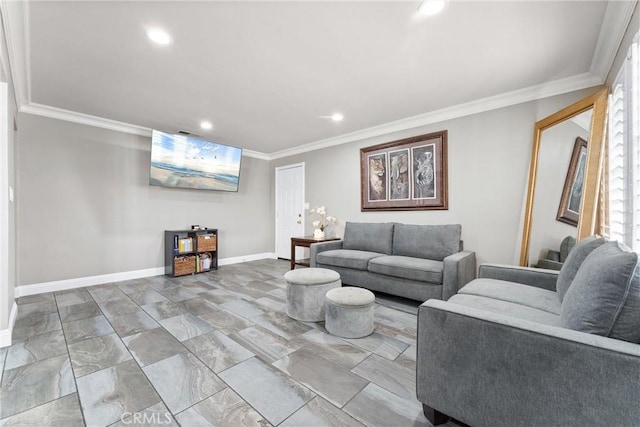 living room with ornamental molding