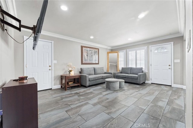 living room with ornamental molding