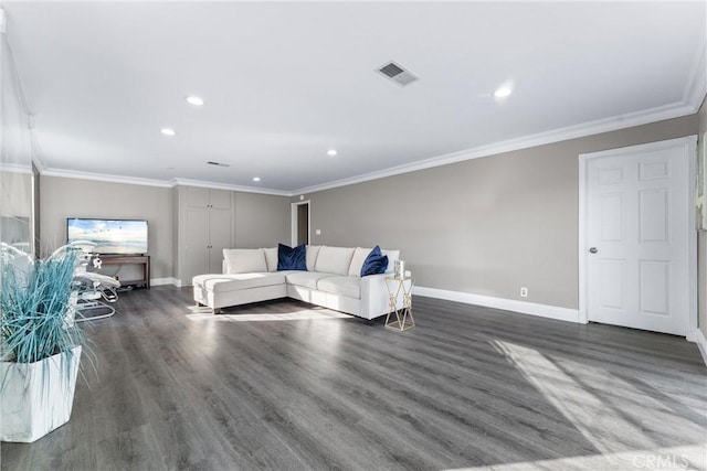 unfurnished living room with dark hardwood / wood-style flooring and crown molding