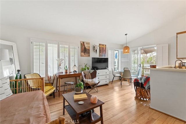 living room with light hardwood / wood-style flooring and vaulted ceiling