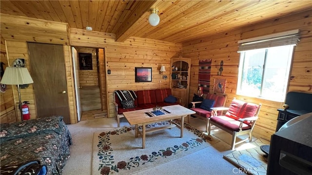 interior space featuring wood ceiling and wooden walls