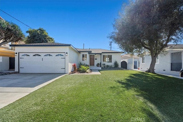 single story home featuring a front lawn and a garage