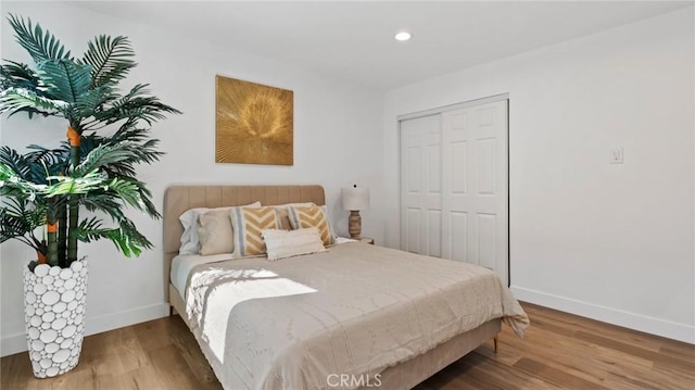 bedroom featuring hardwood / wood-style floors and a closet