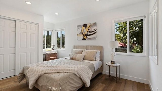 bedroom with a closet, dark wood-type flooring, and multiple windows