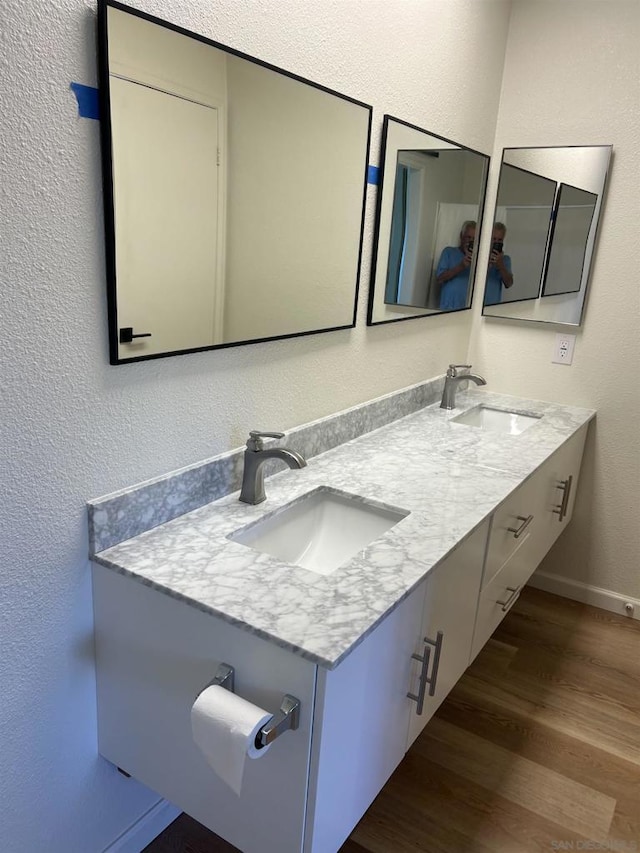 bathroom with wood-type flooring and vanity