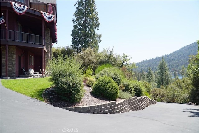 view of yard with a mountain view and a balcony