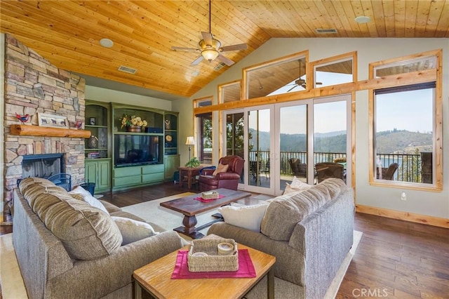 living room with a fireplace, ceiling fan, wood ceiling, and dark hardwood / wood-style flooring