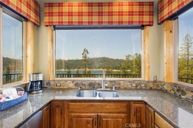 kitchen with dishwasher, dark stone counters, and sink