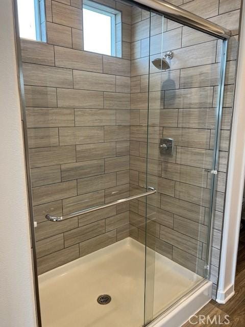 bathroom with a shower with shower door and a wealth of natural light