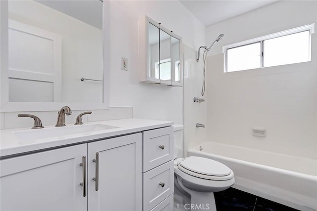 full bathroom with toilet, tile patterned floors, tub / shower combination, and vanity