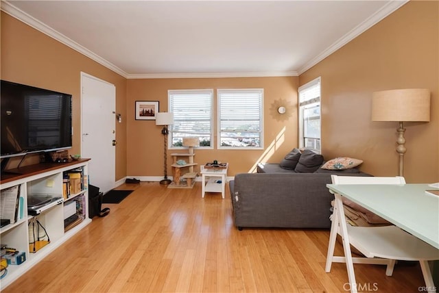 living room with light hardwood / wood-style floors and crown molding