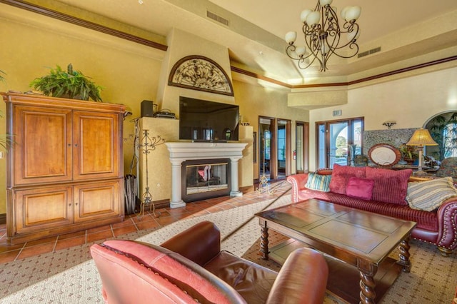 living room with french doors, light tile patterned flooring, a chandelier, and a high ceiling