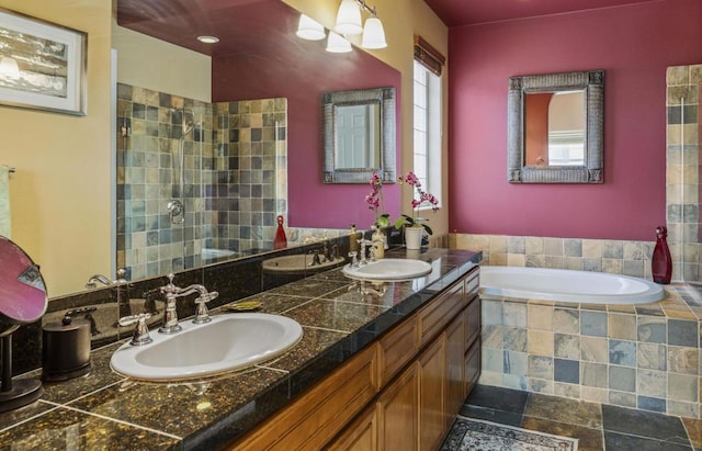 bathroom with vanity and plus walk in shower