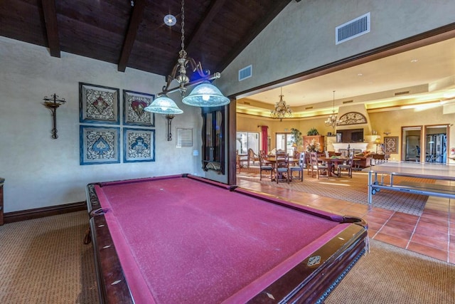 playroom featuring carpet, billiards, a notable chandelier, beamed ceiling, and high vaulted ceiling