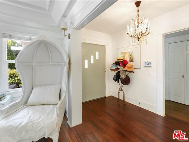 sitting room featuring dark hardwood / wood-style flooring, a notable chandelier, and a healthy amount of sunlight