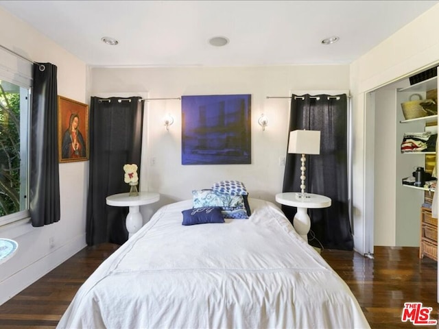 bedroom featuring dark wood-type flooring and a closet