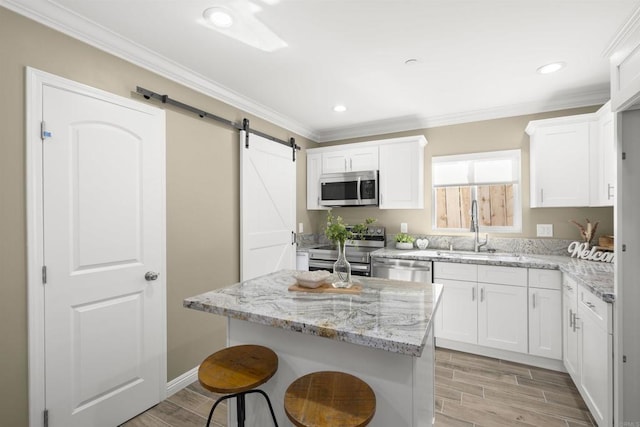 kitchen featuring appliances with stainless steel finishes, a barn door, white cabinetry, and sink