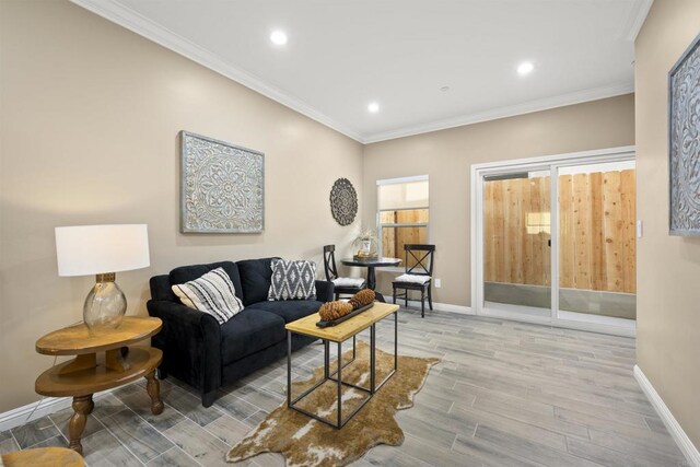 living room with crown molding