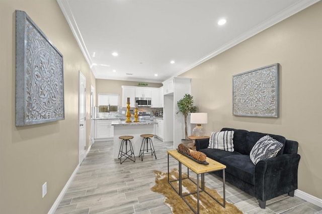 living room featuring crown molding