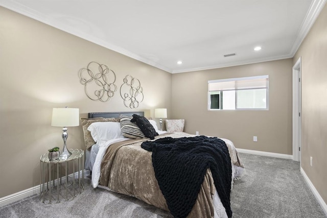 bedroom featuring carpet and crown molding