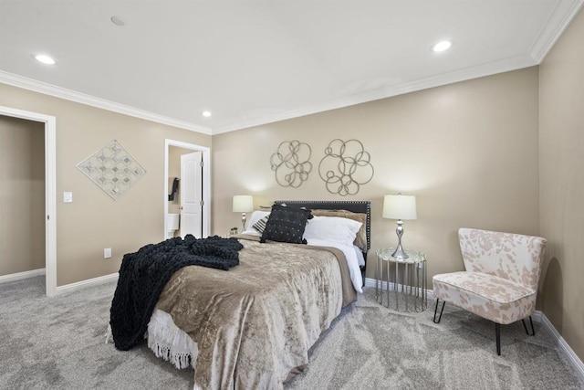 bedroom featuring light carpet and ornamental molding