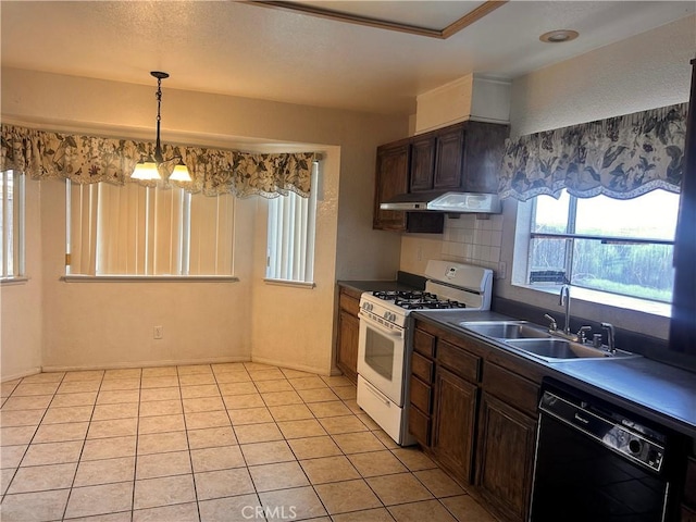 kitchen with dishwasher, sink, an inviting chandelier, light tile patterned flooring, and white gas stove