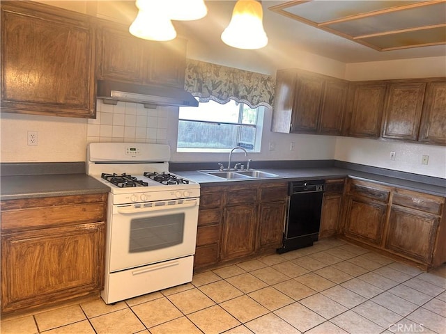 kitchen featuring extractor fan, black dishwasher, white range with gas cooktop, light tile patterned flooring, and sink