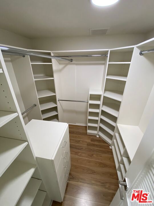 spacious closet featuring dark hardwood / wood-style flooring