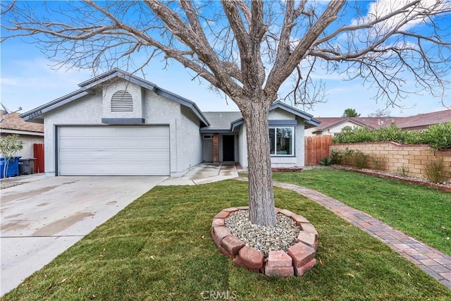 single story home featuring a front yard and a garage